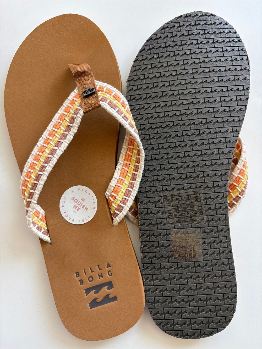 Billabong Tan Flip Flops with Orange & Cream Woven Straps women Sz 10